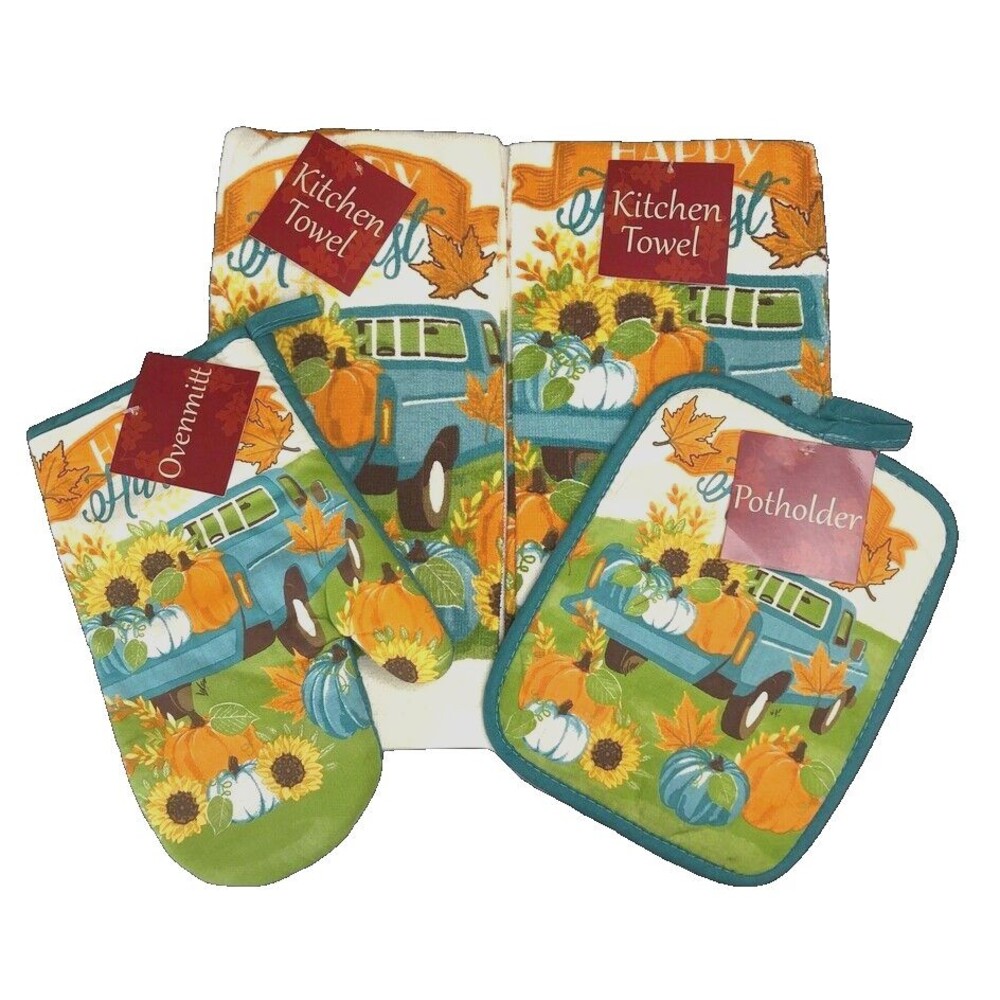 Thanksgiving Kitchen Towels Oven Mitt Potholder Set of 4 Pumpkin Truck Fall